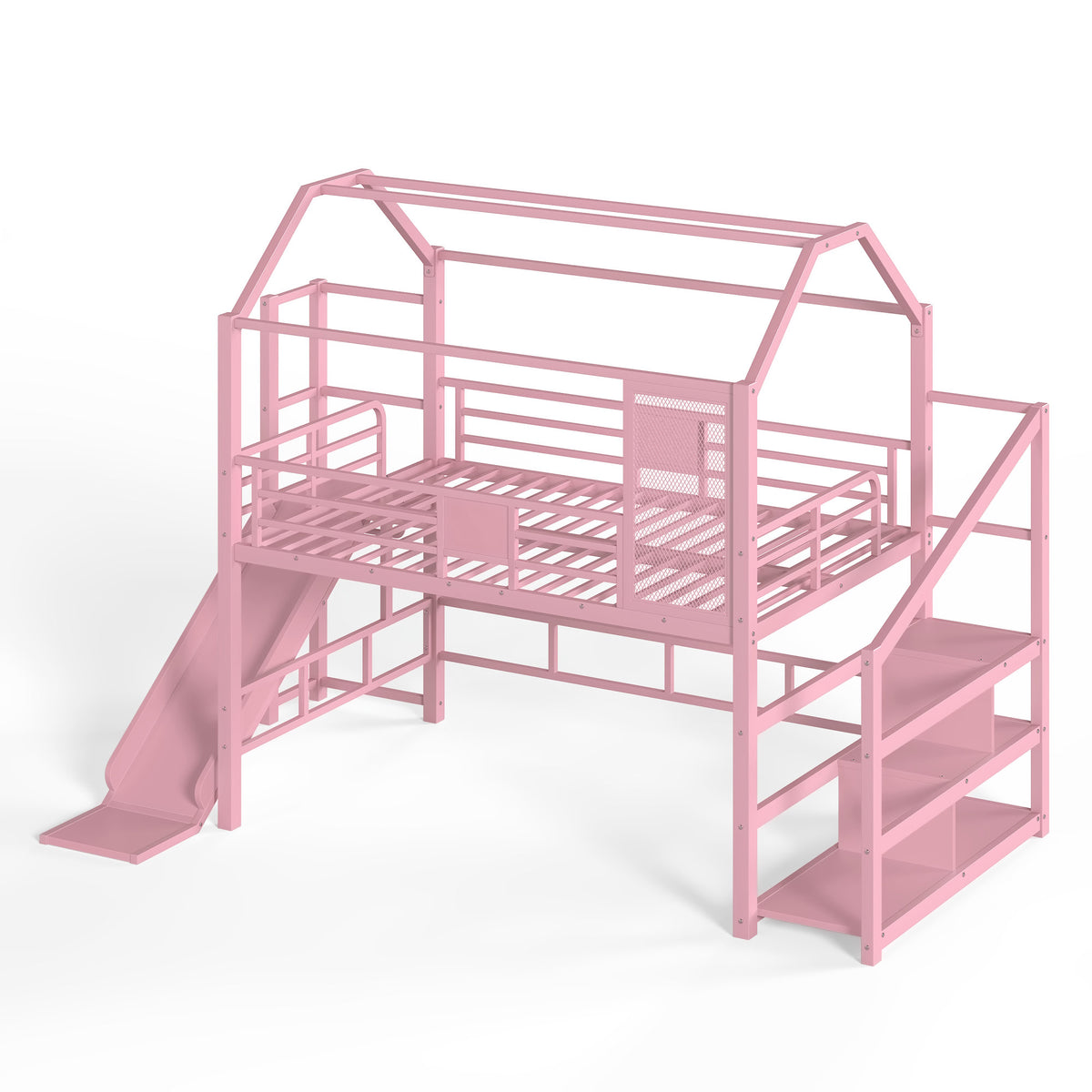 Full House Loft bed with Slide and Stairs, Metal Playhouse Bed with Storage Shelves, House-shaped Roof and Noise-free Design, Pink