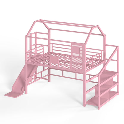 Full House Loft bed with Slide and Stairs, Metal Playhouse Bed with Storage Shelves, House-shaped Roof and Noise-free Design, Pink