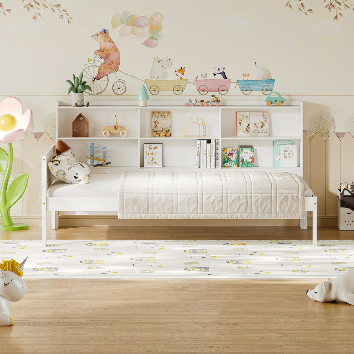 Twin Size Solid Wood Single Bed with Large Multi-compartment Storage Headboard Bookshelf, Simple Solid Wood Bed Frame, Multi-functional Storage Bed for Bedroom,White