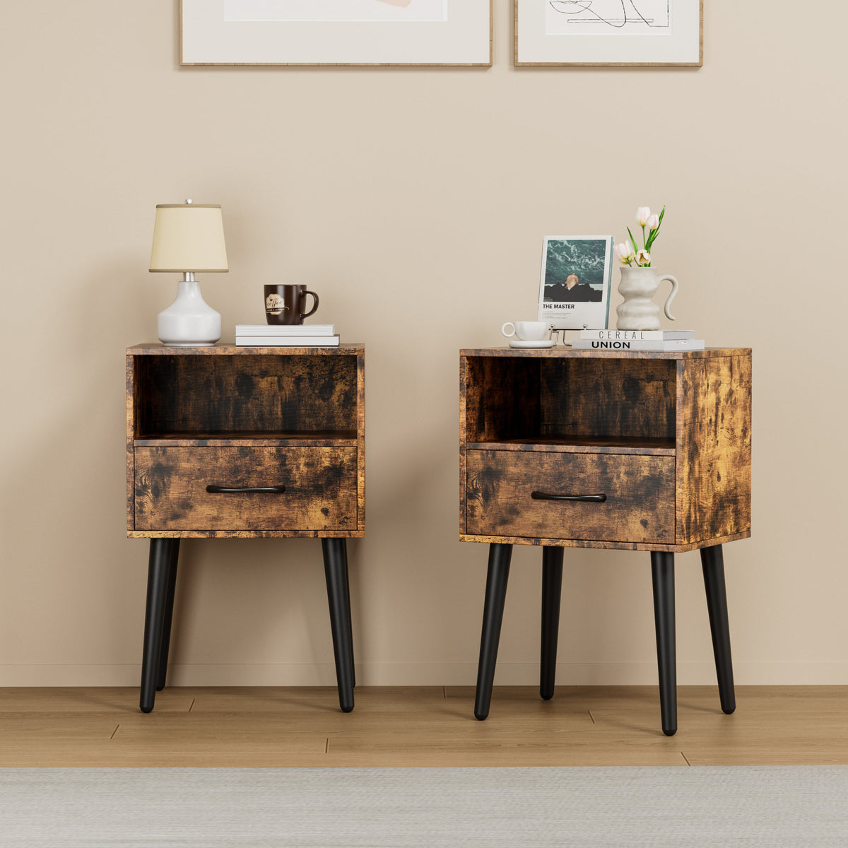 Two Sets of Nightstand,Modern Bedside Table with Storage Drawer and Open Wood Shelf, for Living Room, Bedroom and Small Spaces, Accent Night Stand, Easy Assembly
