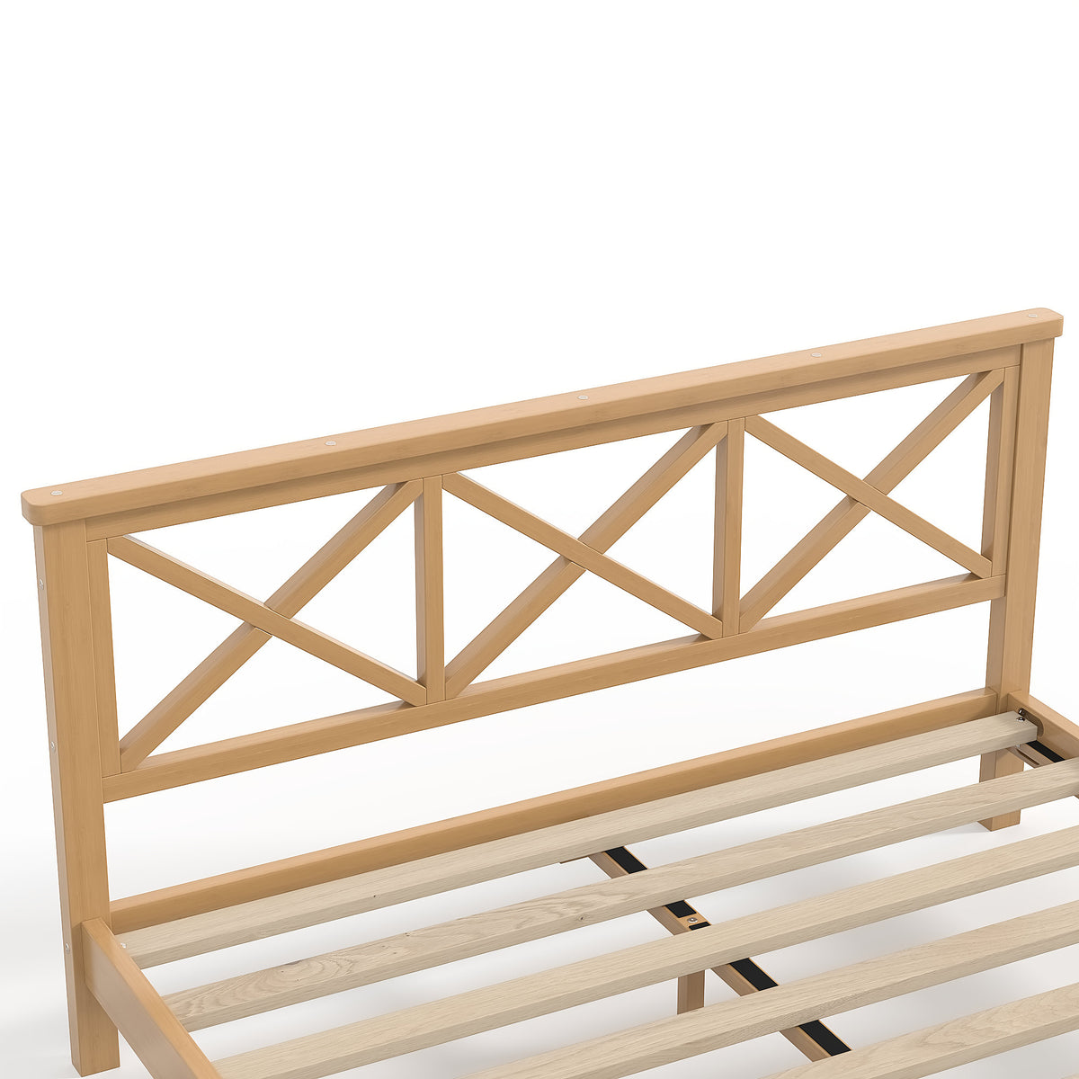 Queen Platform Bed with ''X'' Design Headboard, Bamboo-made Bed Frame Queen Size with Suppport Slats, Mid-century Style, Natural