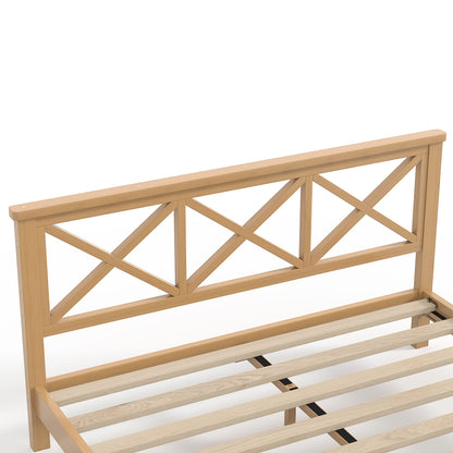 Queen Platform Bed with ''X'' Design Headboard, Bamboo-made Bed Frame Queen Size with Suppport Slats, Mid-century Style, Natural