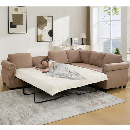 [NEW ARRIVED] [VIDEO PROVIDED] Sleeper Sofa, 2 in 1 Pull Out Couch Bed,6 seater sofa bed, L Shaped Sleeper Sectional Sofa Couch,Riveted sofa,104'' Large combined sofa Bed in living room, Brown