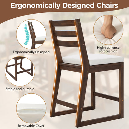 TREXM Rustic Patio Bar Set with Ergonomic Chairs, Solid Wood Slatted Tabletop in Mocha+Beige Cushion