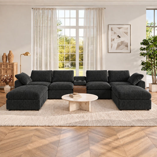 155" Oversized U-Shaped Modular Sectional Sofa with Storage Console & Cup Holders, 6-Seat Black Chenille Deep Seat Convertible Couch with Dual Ottomans, Freely Configurable Living Room Sofa Set
