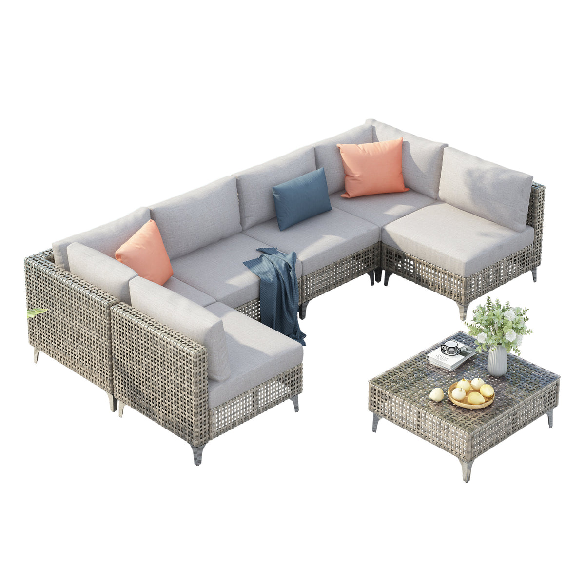 K&K 7-Piece Wicker Patio Furniture Set, Outdoor Conversation Set Sectional Sofa with Water Resistant Grey Thick Cushions and Coffee Table
