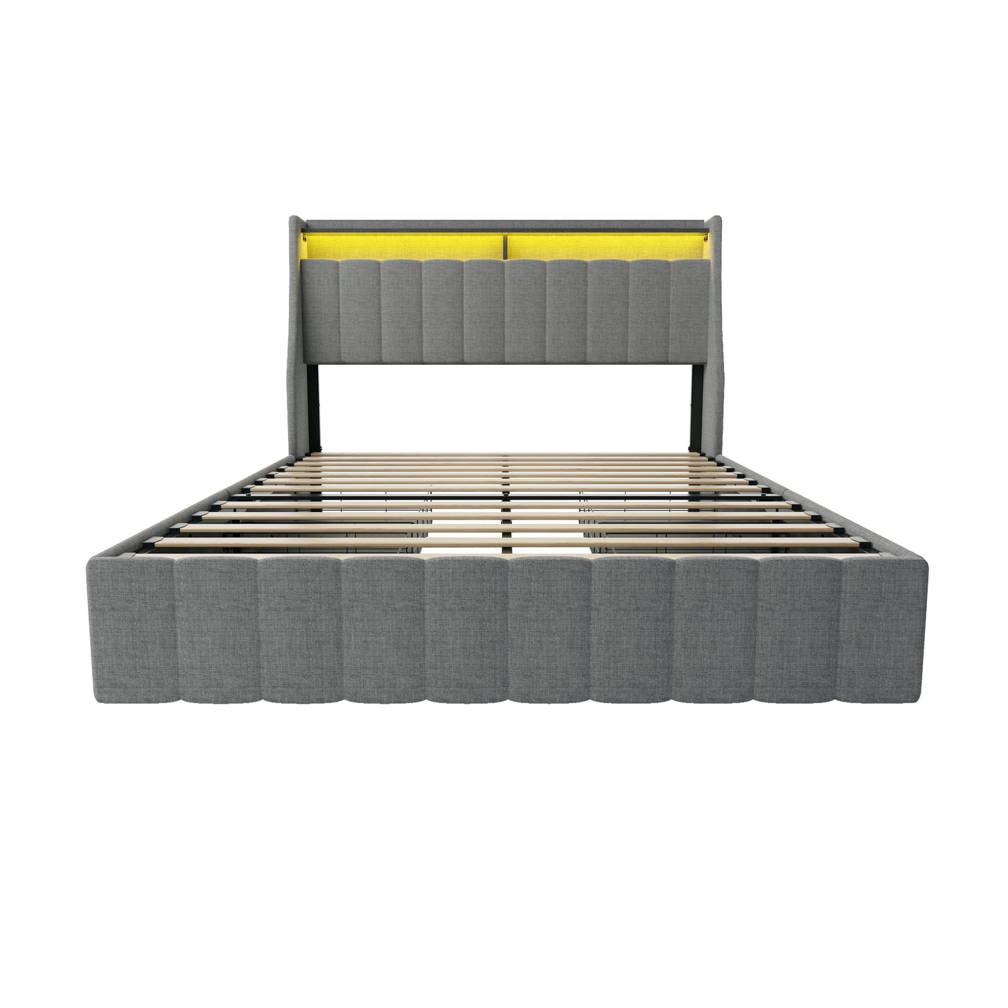 Contemporary Queen Size Bed Frame with LED Lighting, Winged Headboard, Light Grey Upholstered with Storage Drawers