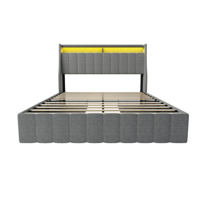 Contemporary Queen Size Bed Frame with LED Lighting, Winged Headboard, Light Grey Upholstered with Storage Drawers