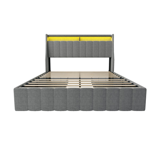 Contemporary Queen Size Bed Frame with LED Lighting, Winged Headboard, Light Grey Upholstered with Storage Drawers
