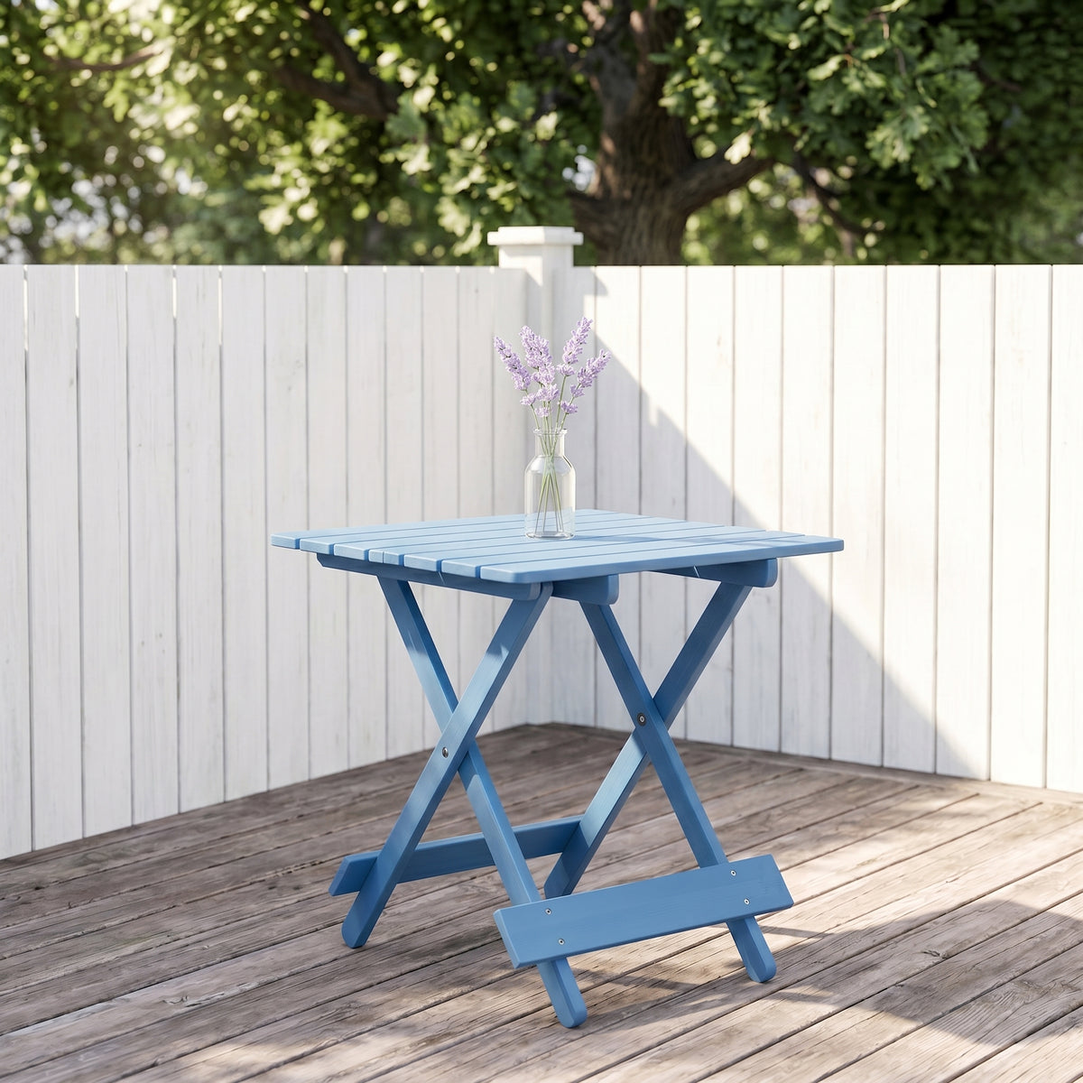 Folding Square Table Patio Outdoor solid wood Table for Backyard, Balcony, Portable Design Space-Saving Blue Color