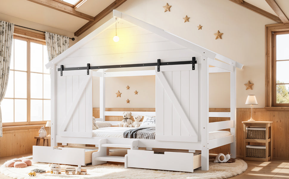 Twin Size Farmhouse Bed with Sliding Barn Door and Light Bulb, Wood house Bed Frame with Stair and Drawers, White