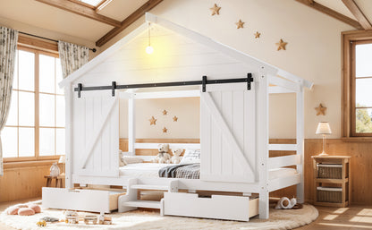 Twin Size Farmhouse Bed with Sliding Barn Door and Light Bulb, Wood house Bed Frame with Stair and Drawers, White