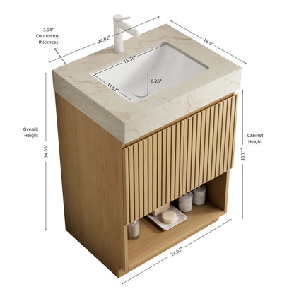 FINO 24" Bathroom Vanity&Sink,Freestanding Cabinet,Cream Gold Vein Sintered Stone Top&Ceramic Basin with 1 Pre-drilled Faucet Hole, Disassembled, Faucet & Drain Excluded, Corolla Oak Woodgrain Color