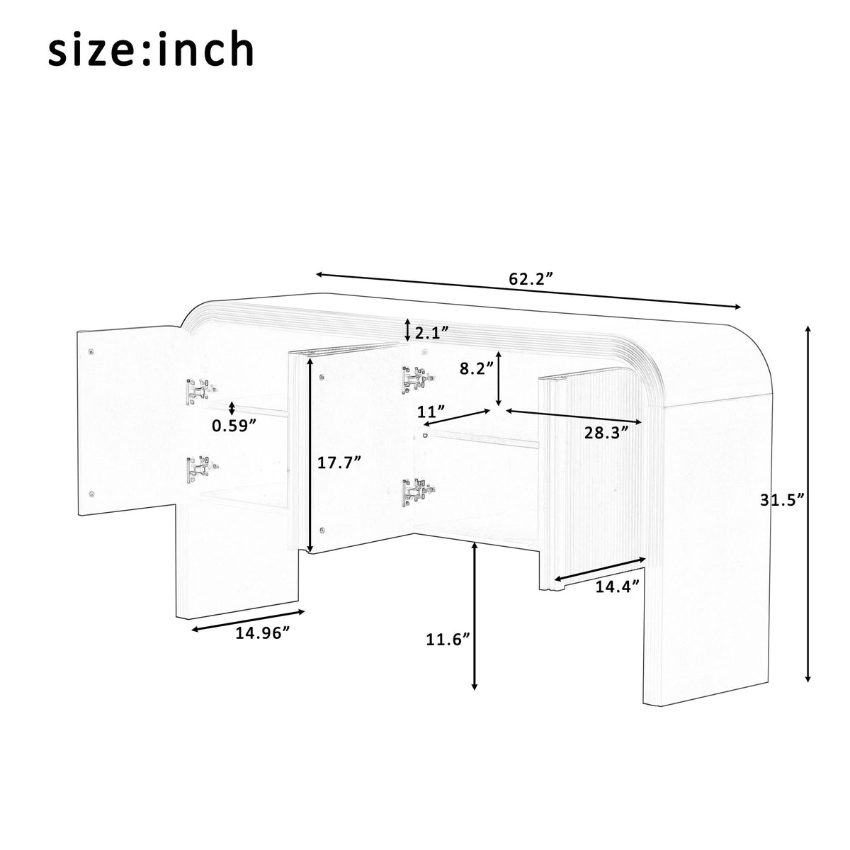 U_STYLE 62.2-Inch Wave-Pattern Console Table with 4 Doors and Adjustable Shelf, Curved design Sofa Table Behind Couch