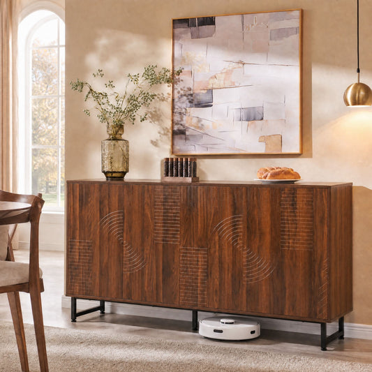 Mid-Century Modern Walnut Sideboard Buffet Cabinet, 59*16*33 inches Geometric Carved Storage Cabinet with Metal Legs, Multi-Purpose Credenza