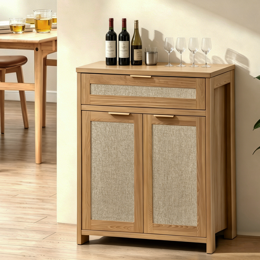 Rattan Sideboard Buffet Cabinet, Farmhouse Storage Cabinet with Adjustable Shelf, Boho Kitchen Buffet Cabinet with Drawer for Dining, Kitchen, Entryway, Living Room, Wood
