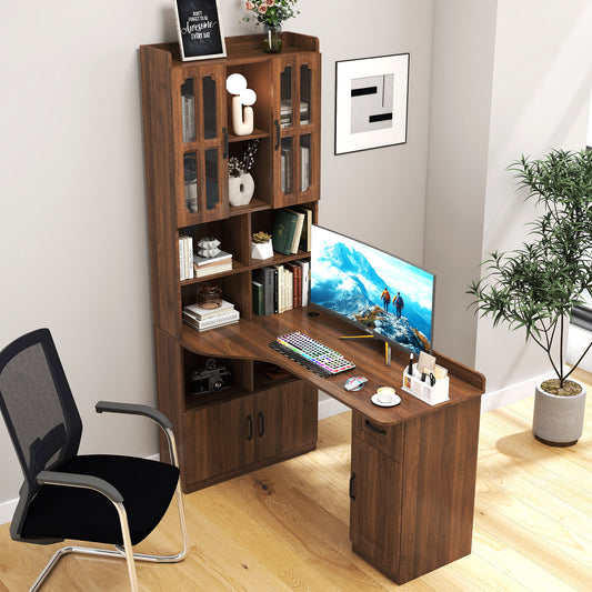 L-Shaped Corner Computer Desk for Home Office or Study desk, Study Modern Style Table with Drawers, Bookshelf & Hutch – Walnut