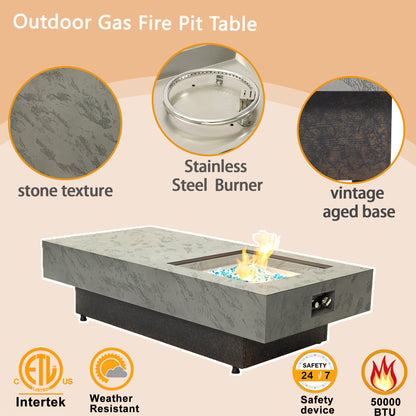 Rectangle Propane Fire Pit Table, Modern 2‑in‑1 Outdoor Firepit Table with 3‑Level Adjustable Height for Patio Backyard Gathering