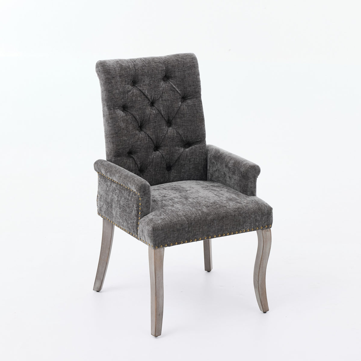 Upholstered Chenille Fabric Accent Dining Chair, Curved Solid Wood Legs, Elegant Tufted Club Dining Room Kitchen Room Arm Dining Chair – Gray