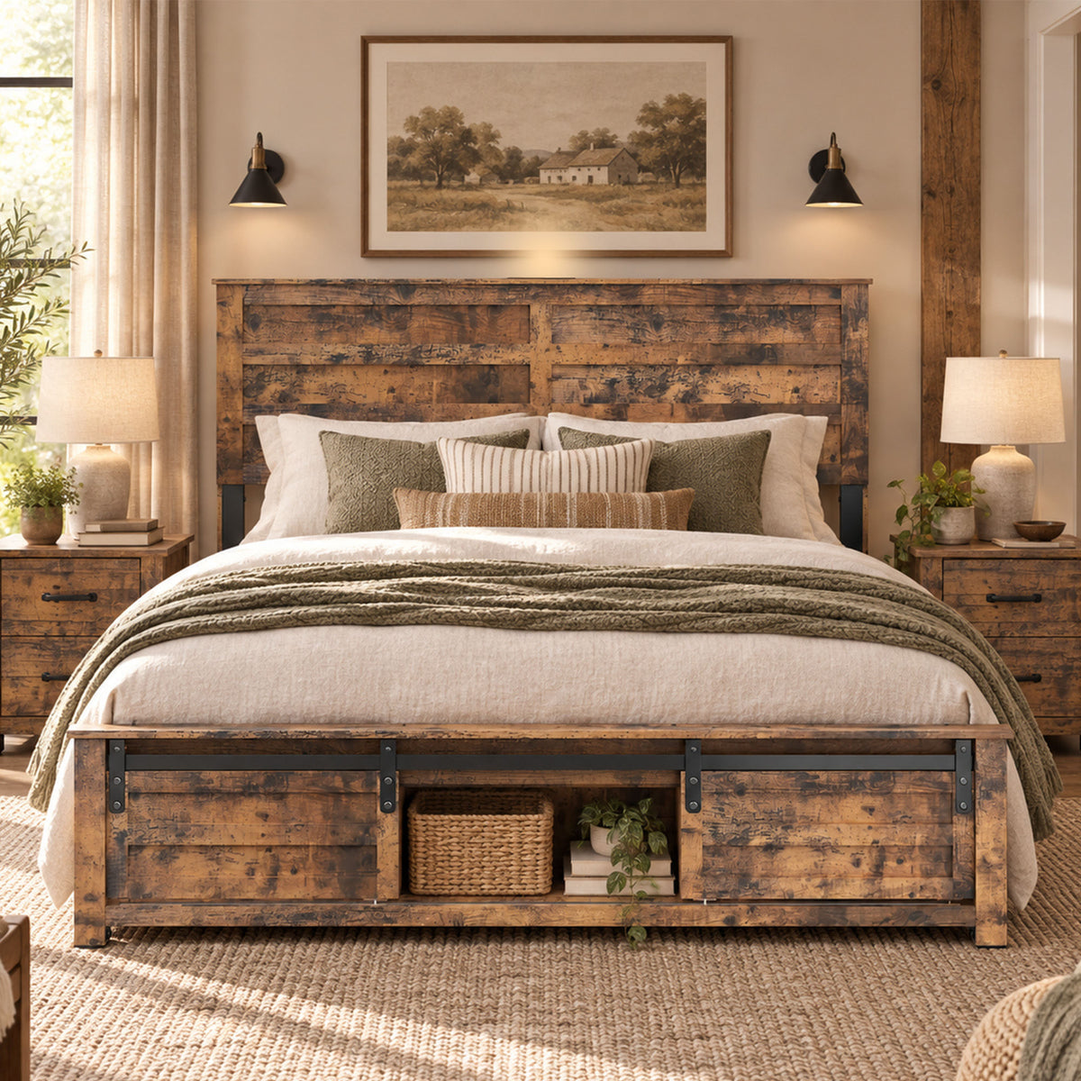 Queen Bed Frame with Upholstered Headboard and Wood Platform,Storage Headboard with Charging Station and LED,  Bed Frame with Pet Bed,No Noise, No Box Spring Needed,Easy Assembly,Antique Brown