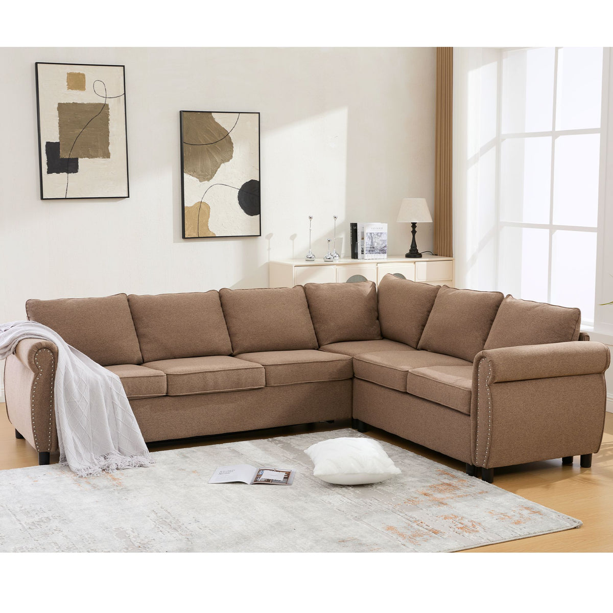 [NEW ARRIVED] [VIDEO PROVIDED] Sleeper Sofa, 2 in 1 Pull Out Couch Bed,6 seater sofa bed, L Shaped Sleeper Sectional Sofa Couch,Riveted sofa,104'' Large combined sofa Bed in living room, Brown