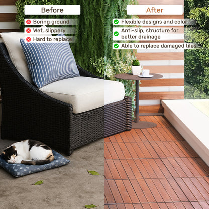 10 PCS Interlocking Deck Tiles Striped Pattern, 12" x 12" Square Acacia Hardwood Outdoor Flooring for Patio, Bancony, Pool Side,...