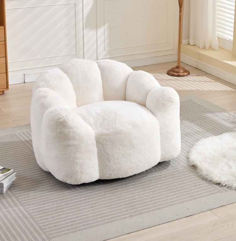 Lotus Style Compression Sofa Adult Bean Bag with Pull Ring, White Plush, 43.7 x 39.76 x 26.77 inches, No Installation Required