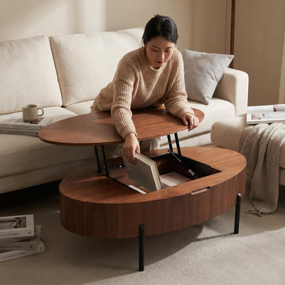 43.3-inch height-adjustable coffee table with solid wood veneer; modern-style coffee table with storage and adjustable height, suitable for living rooms, bedrooms, flats or offices; walnut colour
