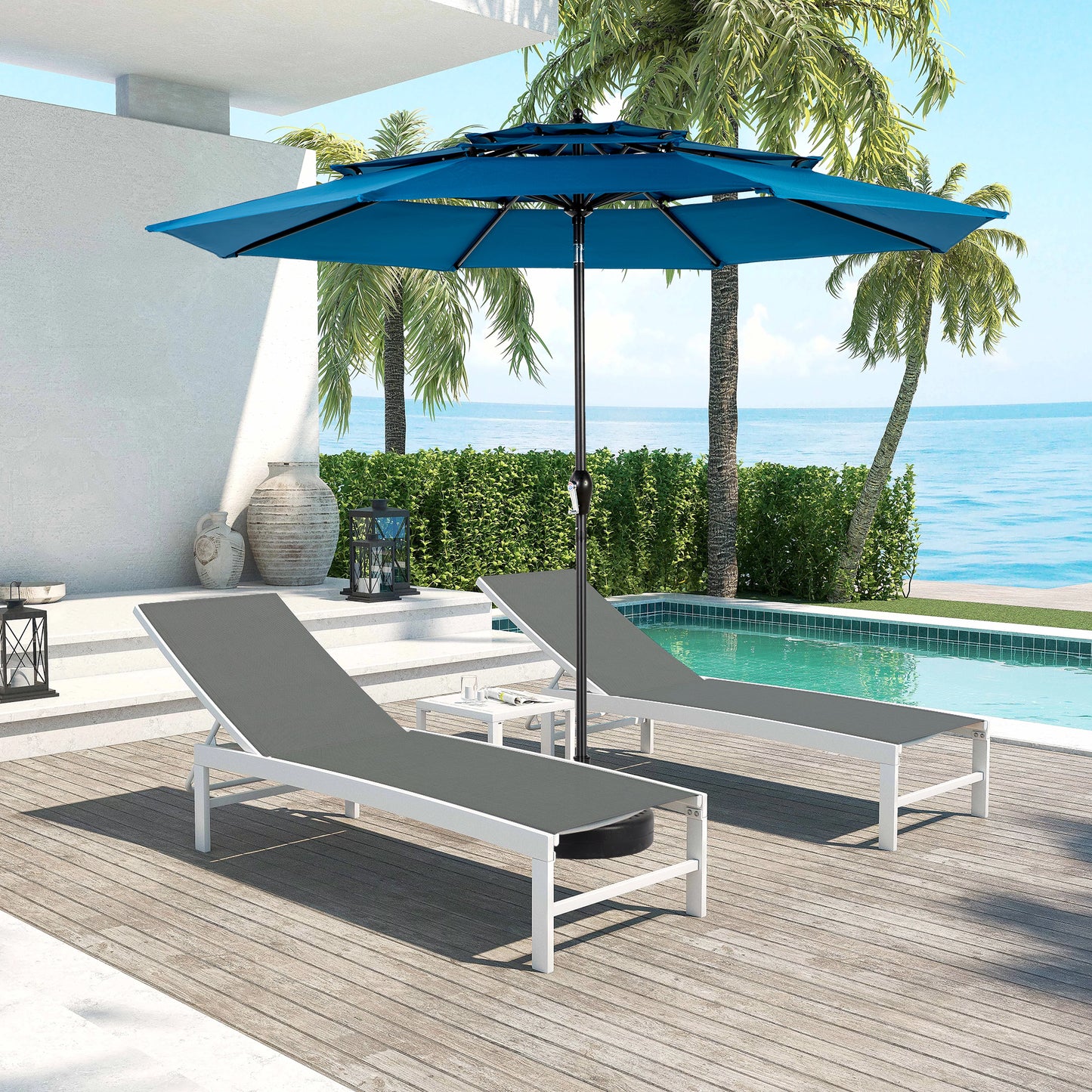 Aluminium 10ft 3 Tier Auto-tilt Umbrella ,Outdoor Patio Umbrella - Market Table Pool Deck Umbrella (Base Not Included)   -  ( Dark blue )
