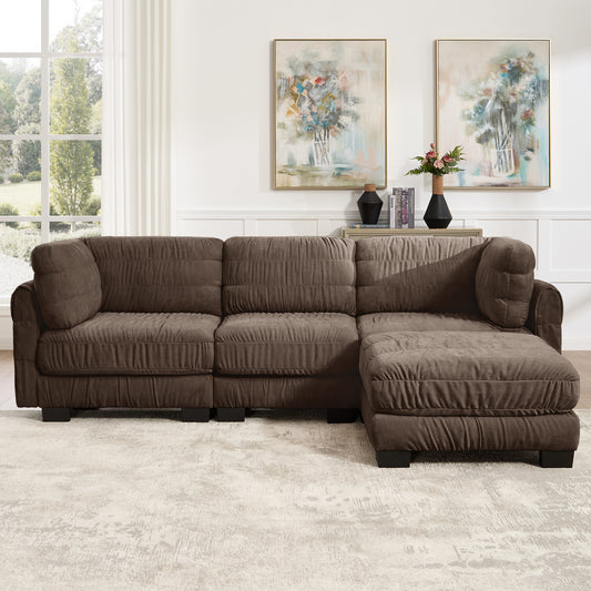 3 Seat Ruched Detailing Chenille Modular Sectional Sofa,Movable Ottoman,High-Density Foam,L Shape Thickened  Back Cushions,Easy Assembly,For Living Room,Bedroom,Brown