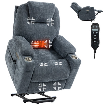 Up to 350 LBS Chenille Power Lift Recliner Chair, Heavy Duty Motion Mechanism with 8-Point Vibration Massage and Lumbar Heating, USB and Type-C Ports, Stainless Steel Cup Holders, Blue