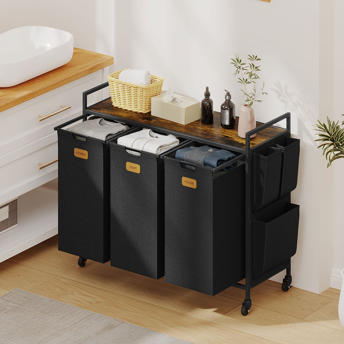 3 Section Laundry Hamper, Laundry Sorter with Wheels, Laundry Basket Organizer with Shelf & 3 Pull-Out Removable Bags, Dirty Clothes Hamper Organizer for Laundry Room Bathroom Dorm ,39.6 gallons(150L)