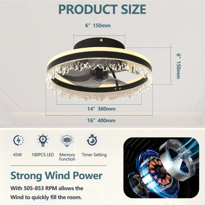 Modern LED Ceiling Fan with Light - 16'' Dimmable Ceiling Light with Invisible Blades and Crystal Design