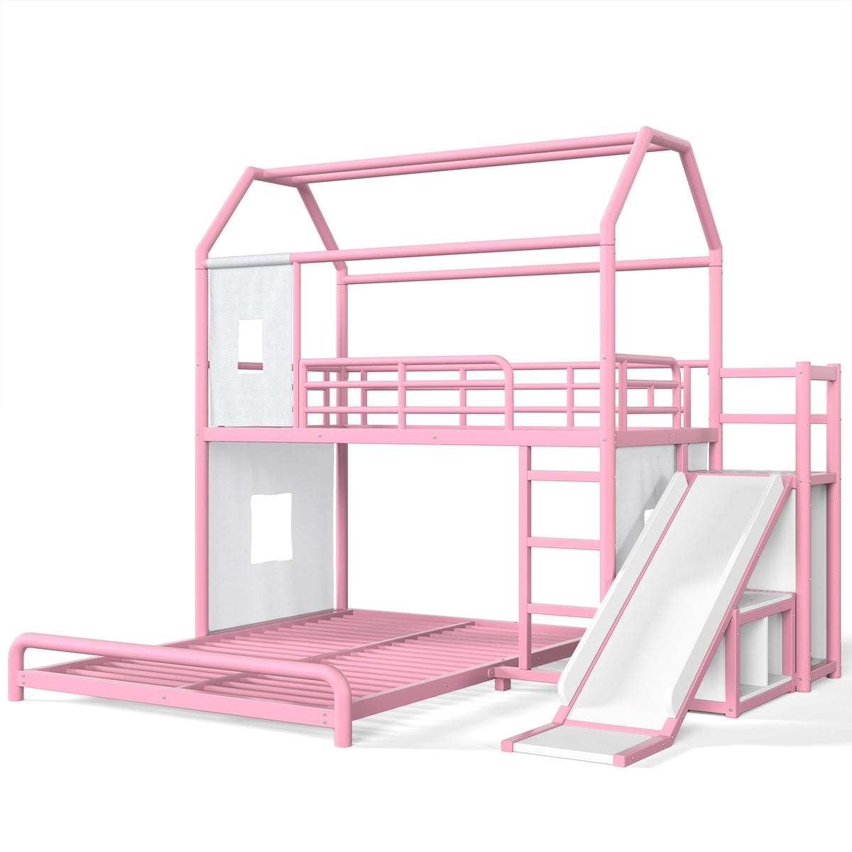 Twin over Full Playhouse Metal Bunk Bed with Slide & Ladder, House Shaped Bunk Bed with LED Light Strip, Privacy Curtain, Movable Storage Cabinet and Hanging Rod, Twin over Full Kids Bunk Bed , Pink