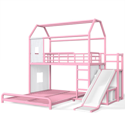 Twin over Full Playhouse Metal Bunk Bed with Slide & Ladder, House Shaped Bunk Bed with LED Light Strip, Privacy Curtain, Movable Storage Cabinet and Hanging Rod, Twin over Full Kids Bunk Bed , Pink