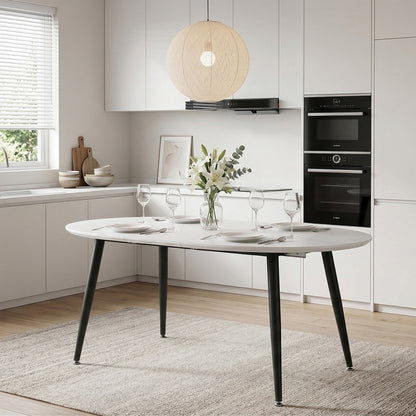 Pull table dining chair set, white medium density fiberboard tabletop with black metal table legs, extendable pull table+6 modern Mid-Century Modern Dining Chairs