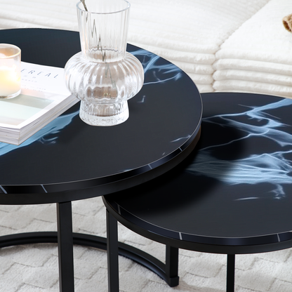 Set 2 Coffee Table Nesting Black top  Black Frame Circular Round and Marble Pattern Wooden Tables, Living Room Bedroom Apartment Modern Industrial Simple Nightstand