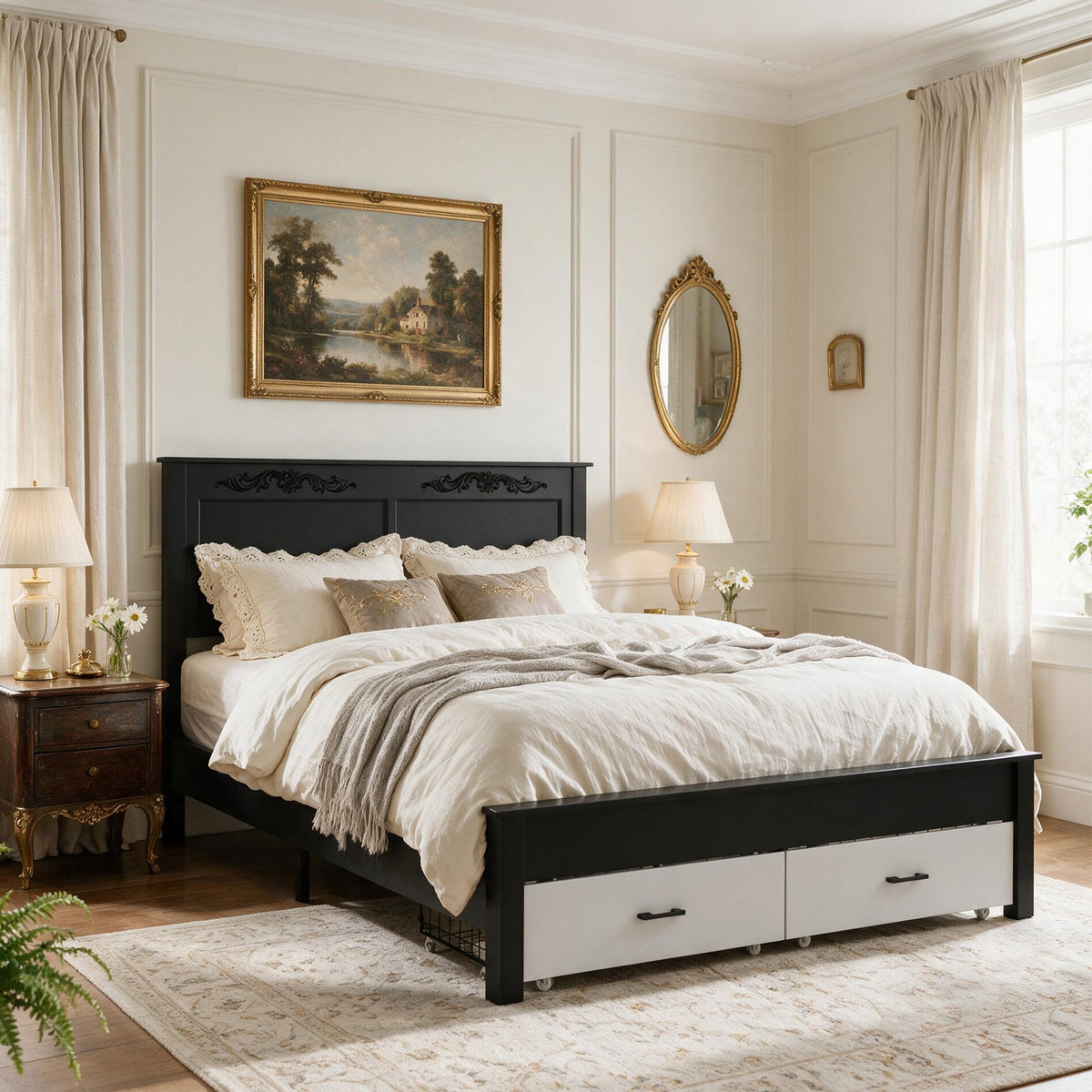 Queen size Rustic farmhouse-style furniture, sturdy frames, noise-free design, under-bed storage space, easy assembly, white + black.