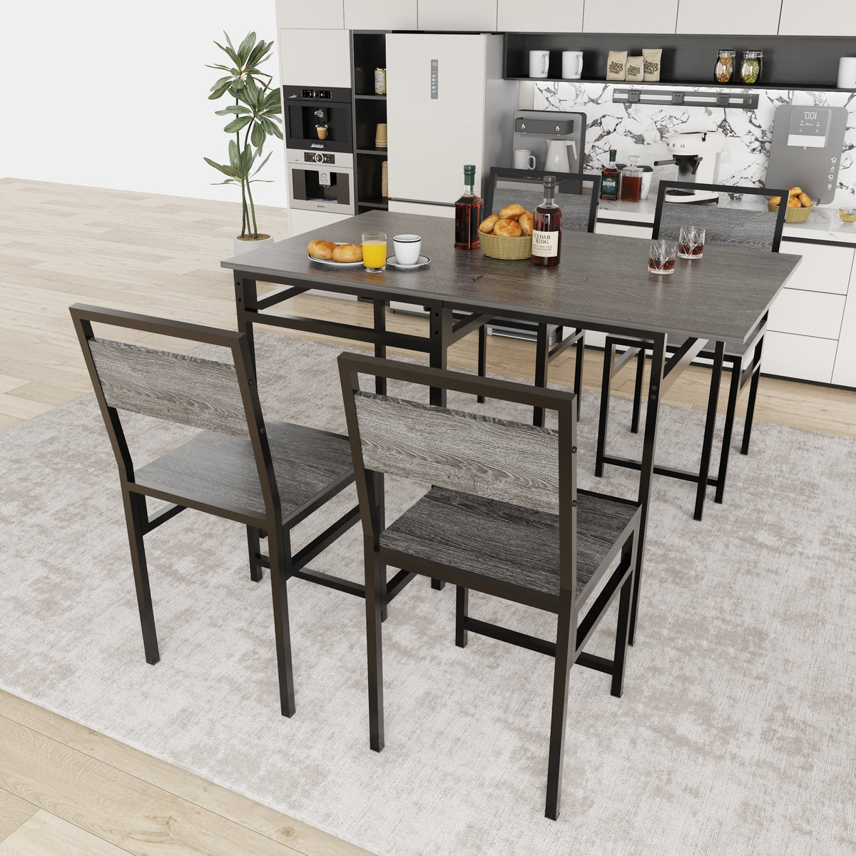 Extendable Dining Table Set with 4 Chairs, Industrial Rectangular Expandable Kitchen Table, Wood Grain Metal Frame Space Saving Dinner Furniture for Small Family Apartment