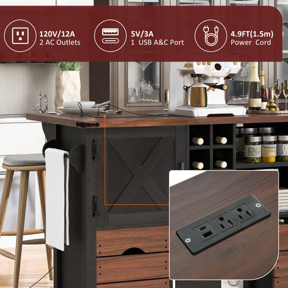 K&K 54" Farmhouse Kitchen Island with Drop Leaf, Power Outlet, Kitchen Storage Cart with 2 Doors, 2 Drawers