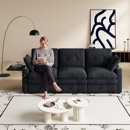 89-inch three-person cloud sofa with storage, armrests featuring hidden tabletop and USB ports, and armrests with storage function. High-quality cashmere three-person sofa. Suitable for living rooms,