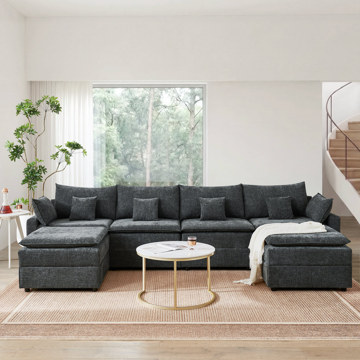 132' Cloud Modular Sectional Sofa, Deep Seat U Shaped Couch with Ottoman, Chenille Upholstered Sofa with Chaise, Plush Cushions, 6 Seat Modern Comfy Couch for Living Room & Apartment, Black