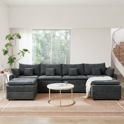 132' Cloud Modular Sectional Sofa, Deep Seat U Shaped Couch with Ottoman, Chenille Upholstered Sofa with Chaise, Plush Cushions, 6 Seat Modern Comfy Couch for Living Room & Apartment, Black