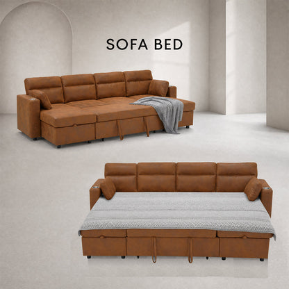 Convertible U-Shaped Sectional Sofa Bed with Double Storage Chaises, Pull-Out Sleeper, Cup Holders, and Lumbar Pillows