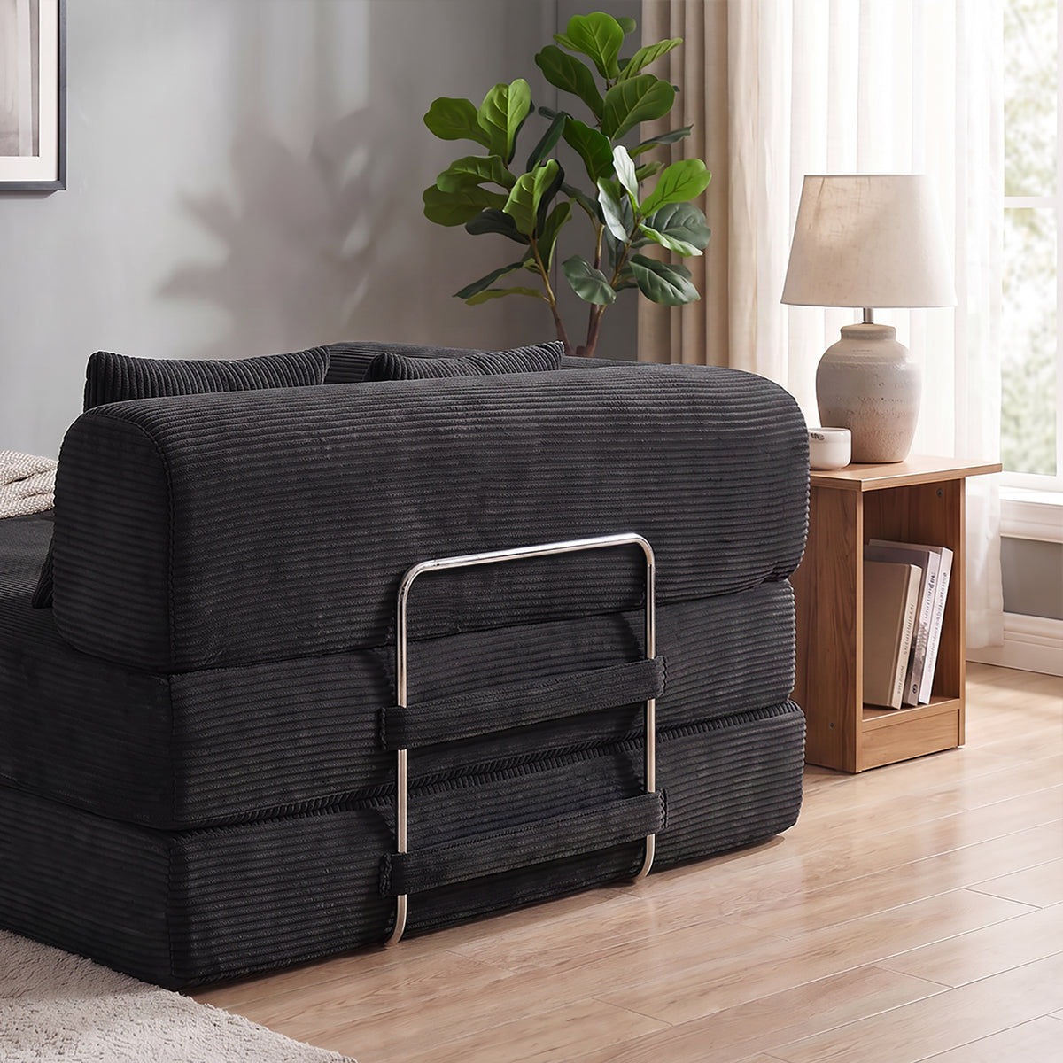 Convertible Sofa Bed, Folding Floor Couch Corduroy Fold Out Couch Bed Futon Sleeper Mattress with Pillows, Boneless Sofa for Living Room Bedroom,BLACK