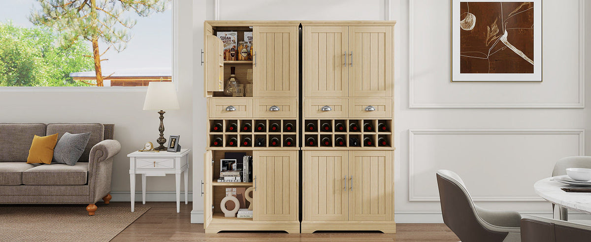 70.9" Tall Farmhouse Wine Storage Cabinet, Removable 12-Bottle Wine Rack, 2 Spacious Drawers, 4 Door Shelves, Adjustable Shelves & 2-Tier Storage Cabinets for Kitchen, Dining Room,Natural