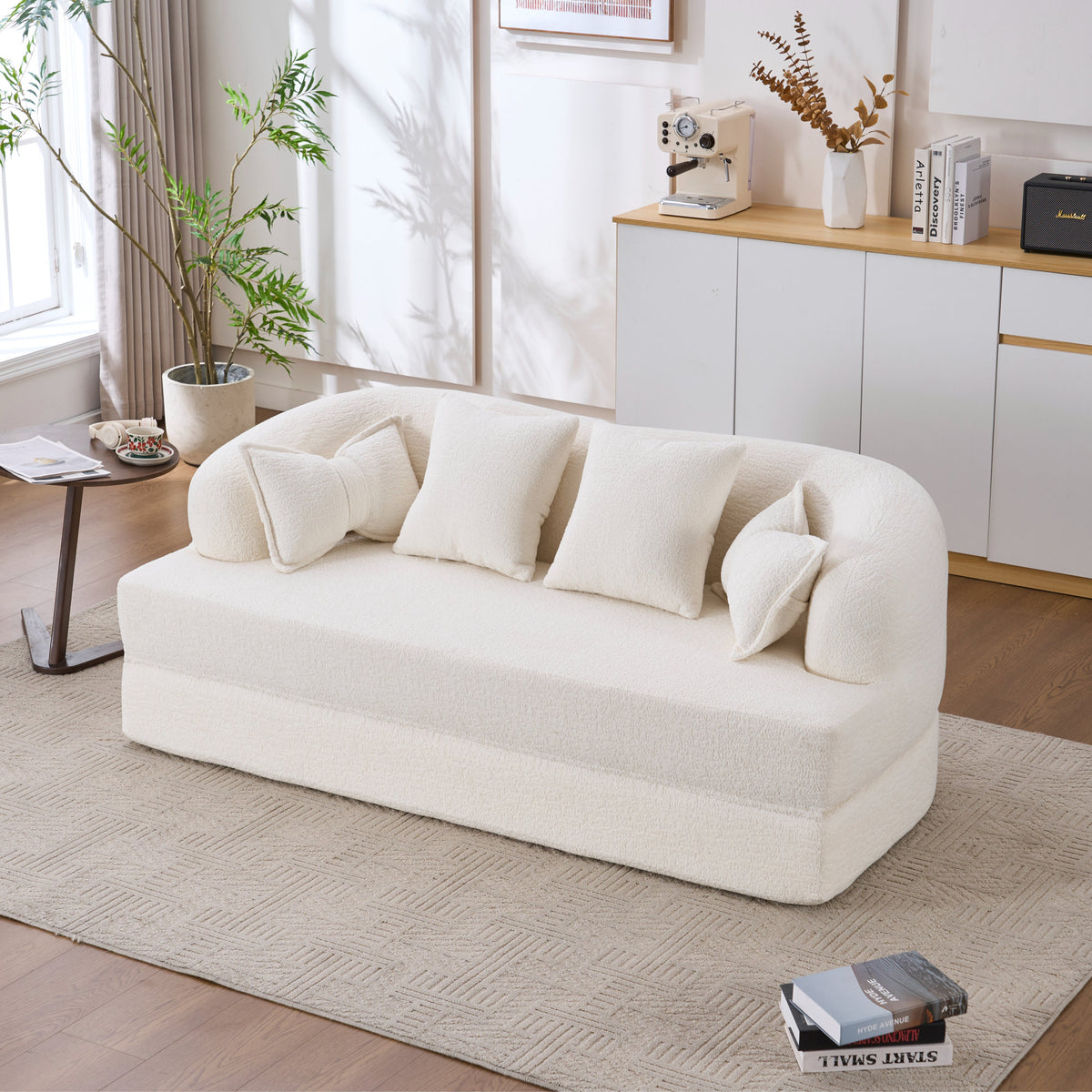 (Old Sku : W2231P392100) 2-in-1 Foldable Sofa Bed,70 Inch Folding Boneless Couch Convertible Compressed Sleeper Sofabed, 4 Pillows for Living Room Apartment, Milk White
