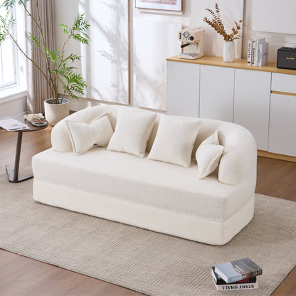 (Old Sku : W2231P392100) 2-in-1 Foldable Sofa Bed,70 Inch Folding Boneless Couch Convertible Compressed Sleeper Sofabed, 4 Pillows for Living Room Apartment, Milk White