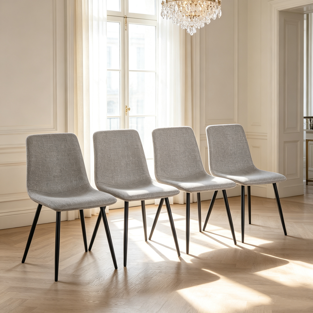 Modern Upholstered Dining Chairs Set of 4 with Linen Cushion Seat and Sturdy Black Metal Legs