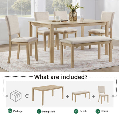 6 Piece Dining Table Set with Bench, Wooden Rectangular Kitchen Table Set with Bench and 4 Upholstered Chairs, Light Oak & Beige